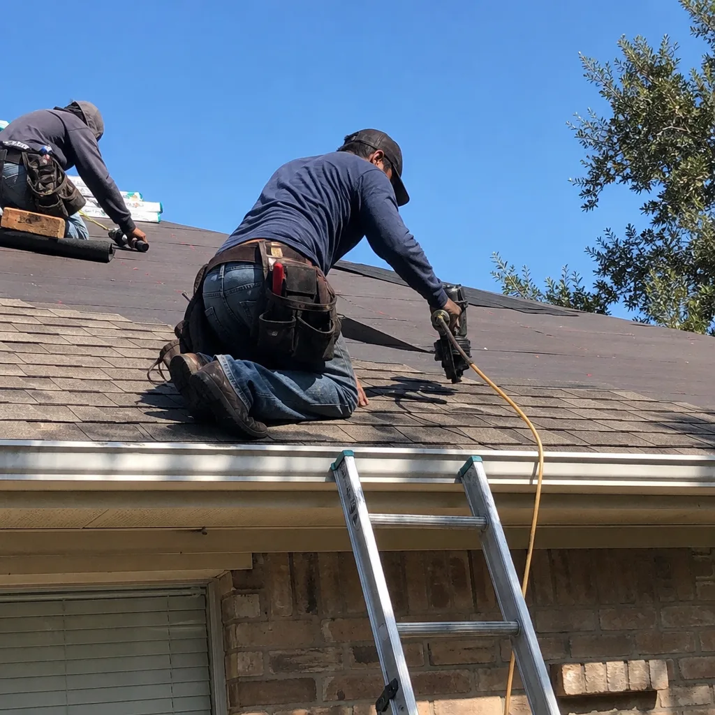 Two professional roofers installing shingles on a residential roof