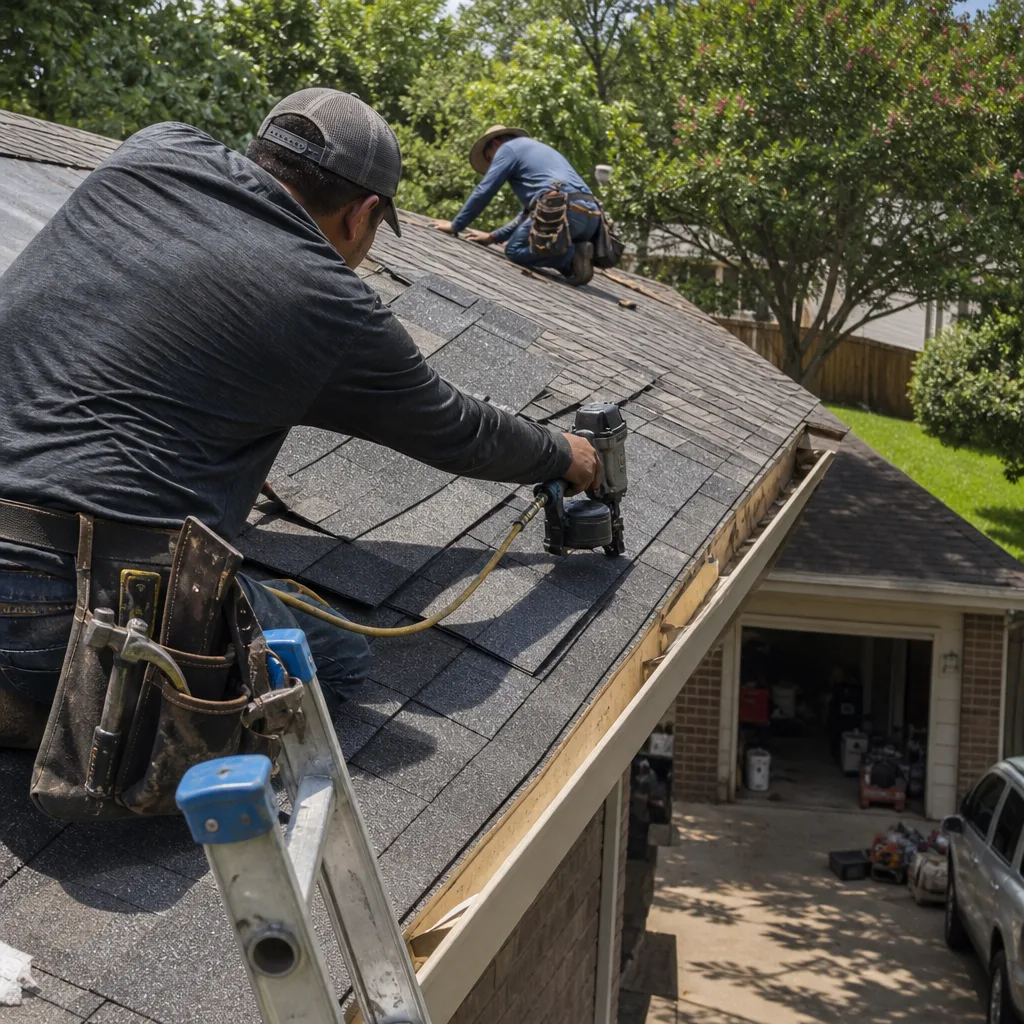 Two professional roofers performing a detailed roof inspection and repair.