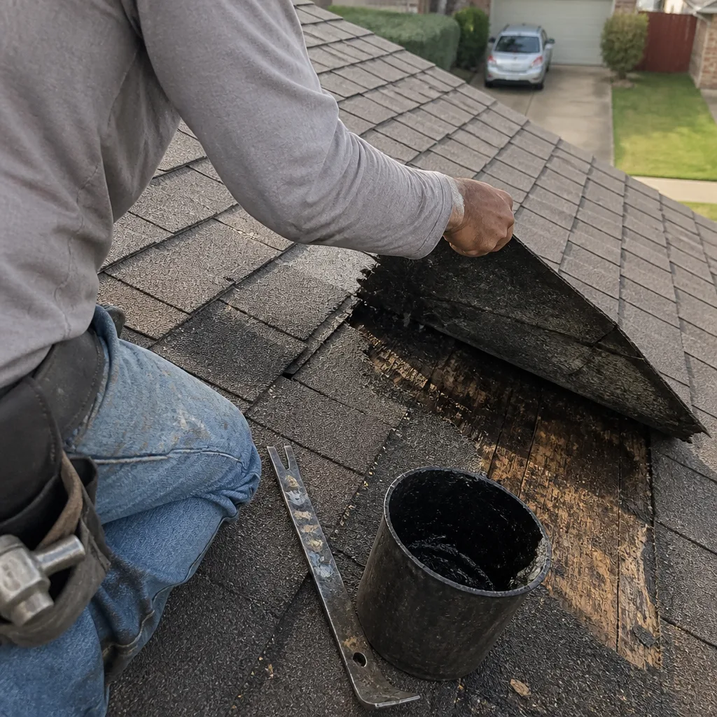 Roofing professional repairing damaged shingles with roofing sealant and a pry bar
