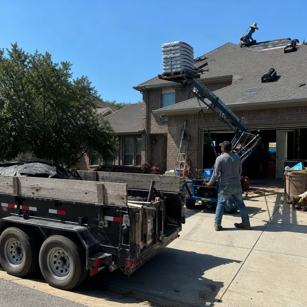 Roofing crew using a lift to transport shingles to a residential roof