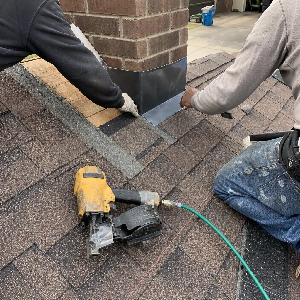 Roofers installing metal flashing around a chimney on an asphalt shingle roof